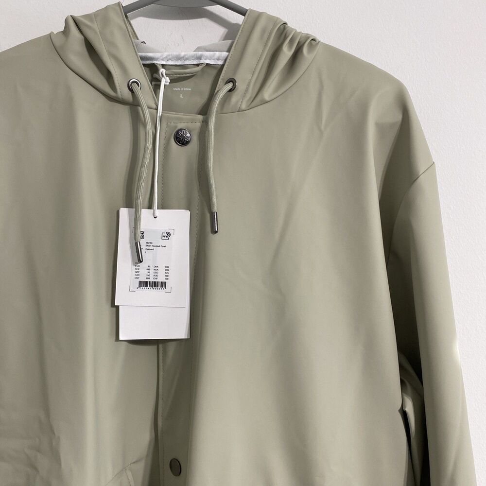 Rains Jacket Unisex Women's Men's L Cement Snap Front Short Hooded Coat NEW - Picture 8 of 16